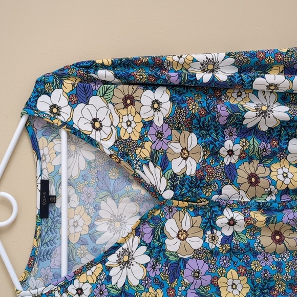 Medium Eclair Floral Flower Top Blue Purple Button Front Shirt - Picture 6 of 13